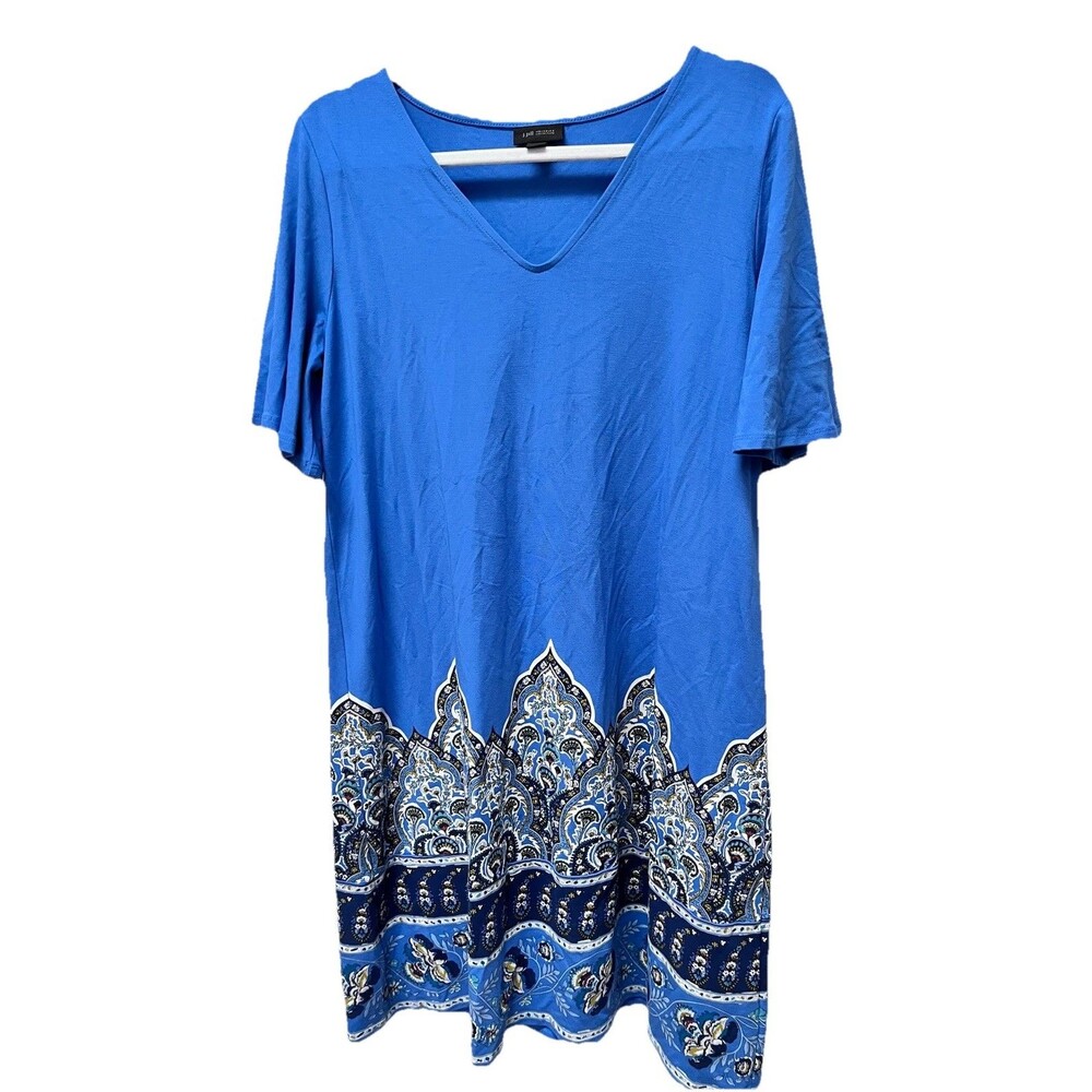 J.JILL Wearever Collection Stretch Paisley Border Tee Dress Short Sleeve Blue M